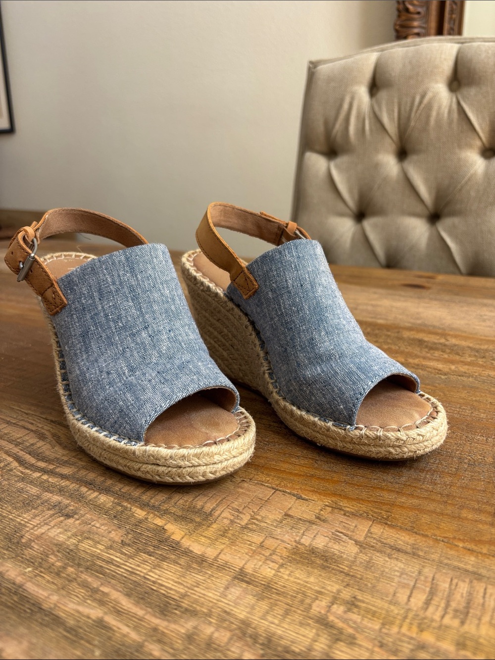 Toms Denim Blue Espadrille Wedge Sandals with Tan Strap